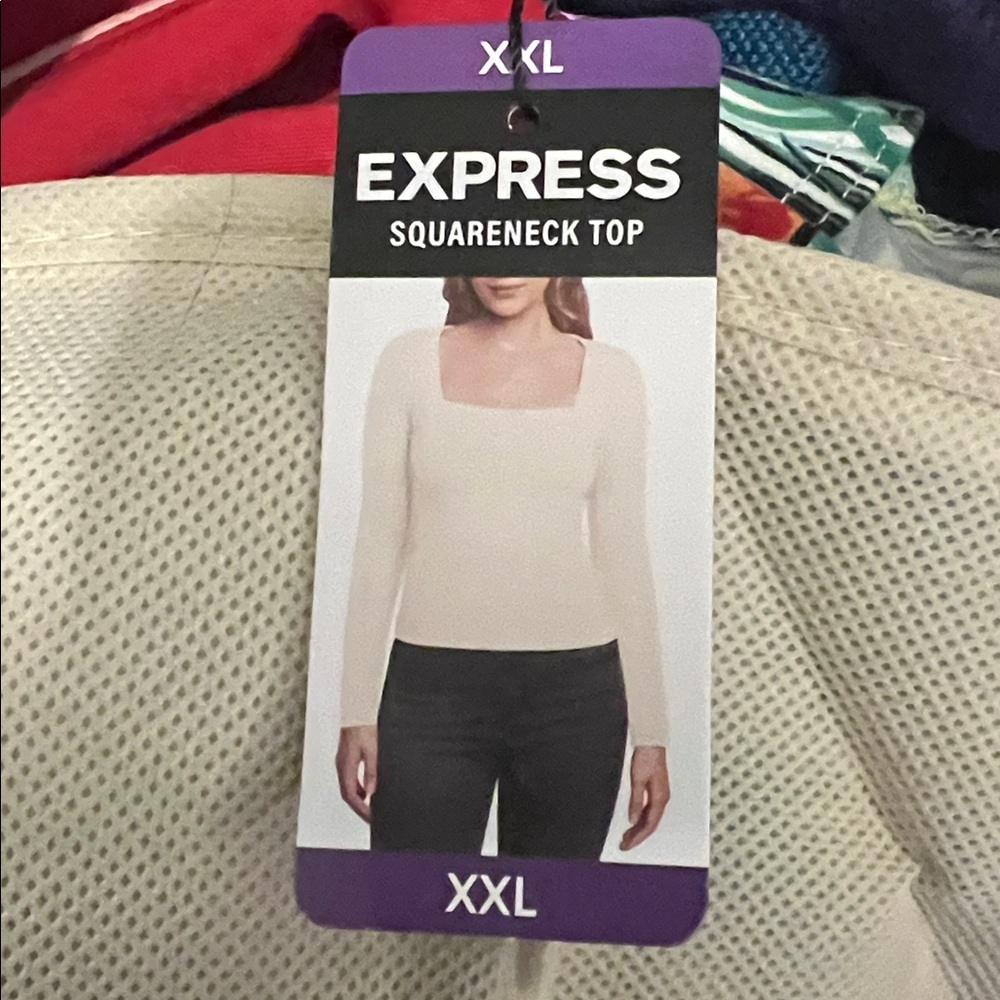 Express Square Neck Ribbed Long-Sleeve Top - Light Cream - Picture 4 of 4